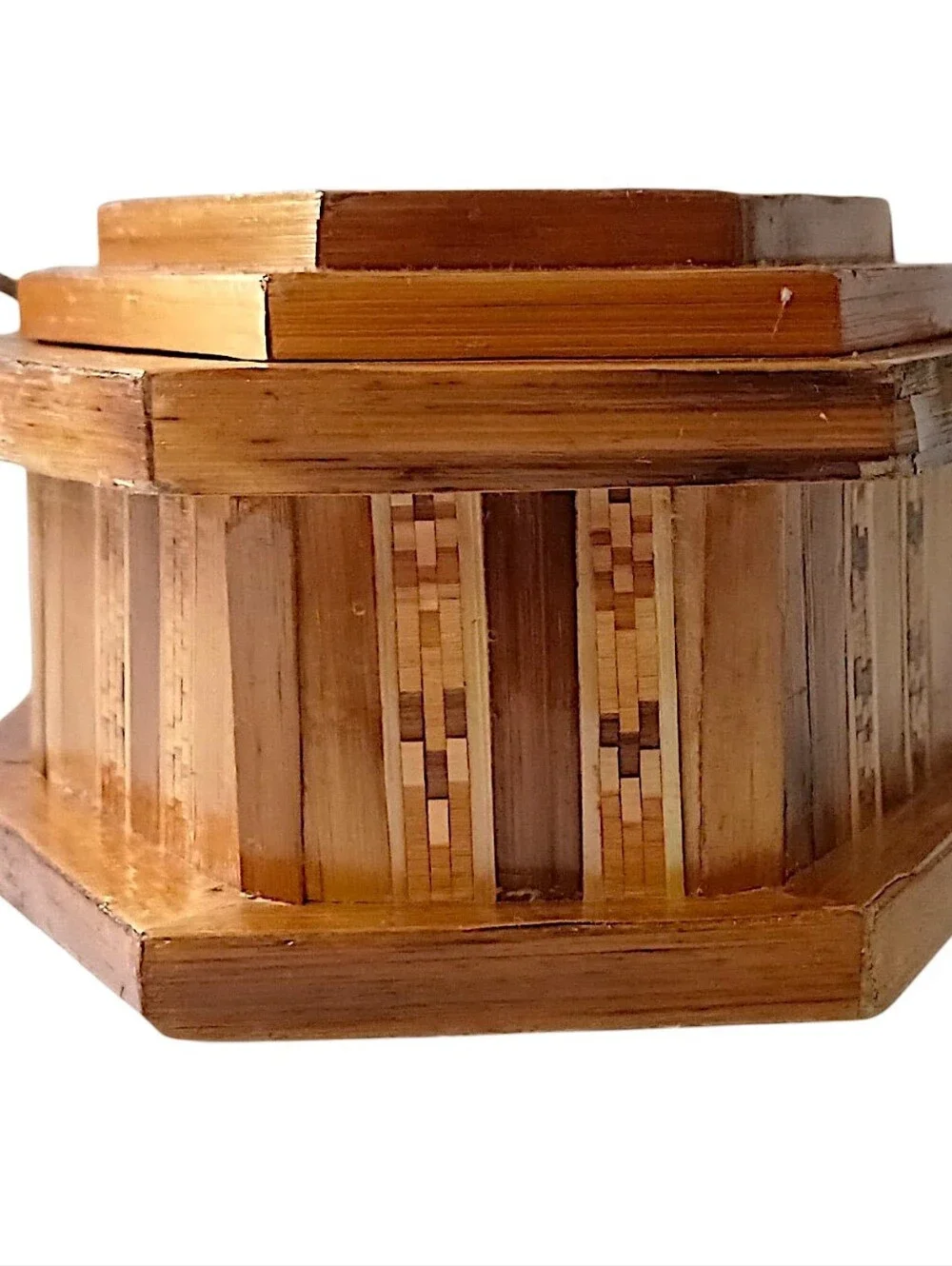 Vtg Straw‎ Bamboo Inlaid Marquetry Trinket Jewelry Box Wood Velvet Tramp Boho